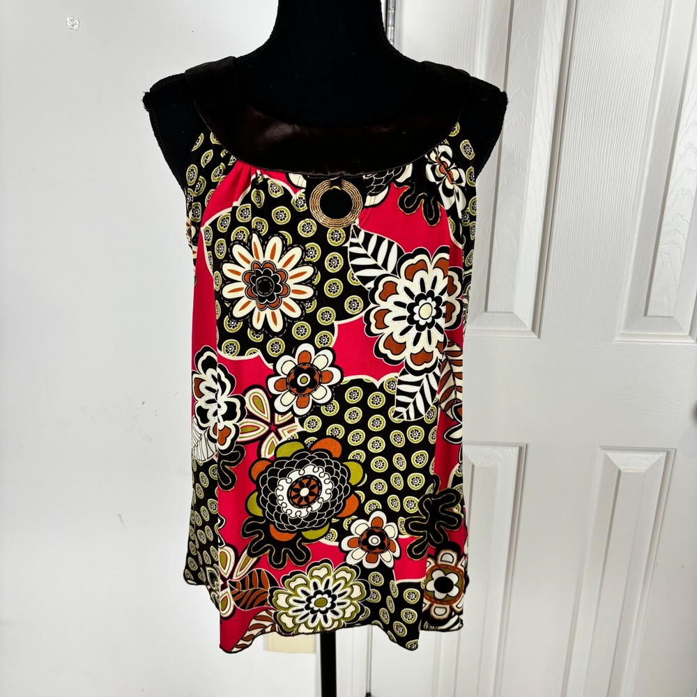 A. Byer Womens Floral Sleeveless Blouse Red Brown Satin Trim Keyhole Size Large‎
